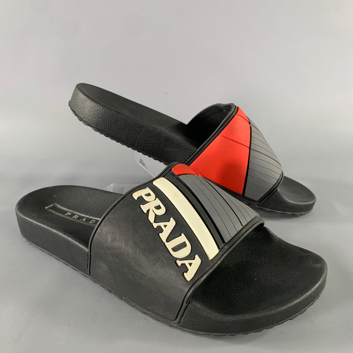 PRADA Size 8 Black & White Logo Rubber Slide Sandals