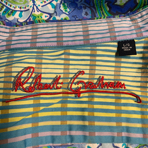 ROBERT GRAHAM Size L Blue Green Print Cotton Button Up Long Sleeve Shirt