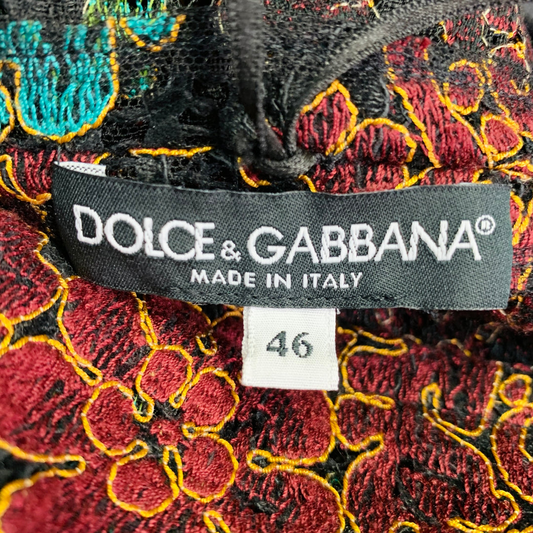 DOLCE & GABBANA Size 10 Black Green Brown Floral Lace 3/4 Sleeves Knee Length Dress