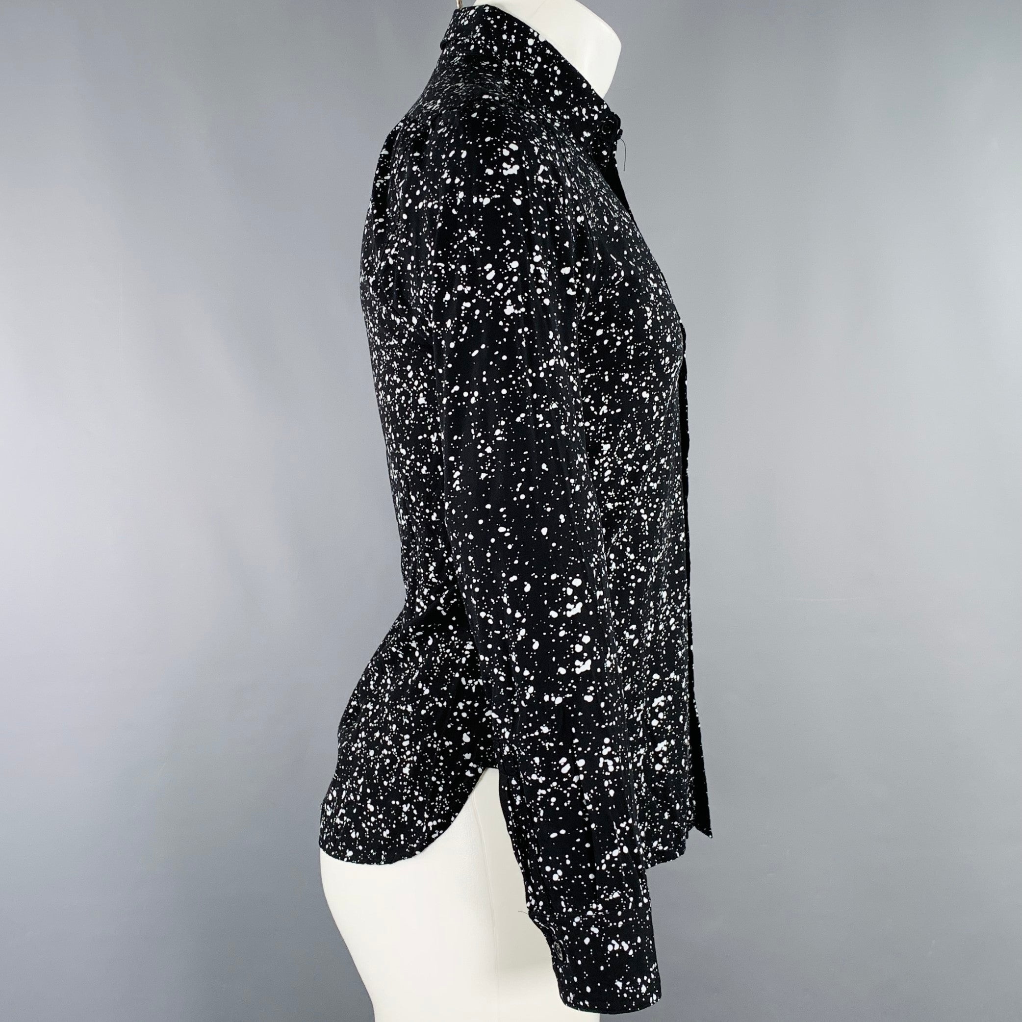 SAINT LAURENT Size S Black White Paint Splatter Cotton Long Sleeve