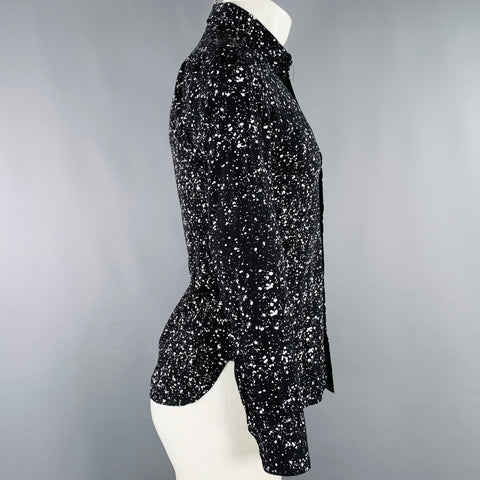 SAINT LAURENT Size S Black White Paint Splatter Cotton Long Sleeve Shirt