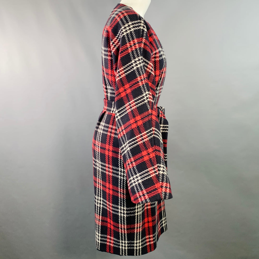 LES COPAINS Size S Black Red White Wool Plaid Collarless Belted Coat