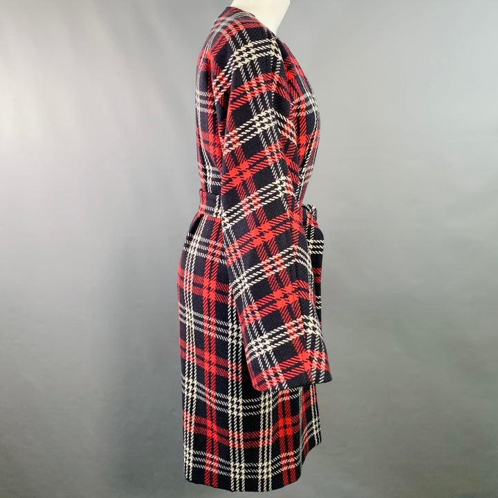 LES COPAINS Size S Black Red White Wool Plaid Collarless Belted Coat