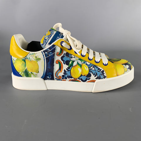 DOLCE & GABBANA Size 7 Yellow Blue Leather Floral Low Top Sneakers
