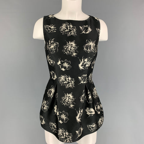 LELA ROSE Taille S Blouse péplum florale en satin blanc noir