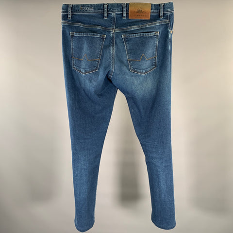 ALBERTO Size 34 Indigo Solid Cotton Blend Skinny Jeans