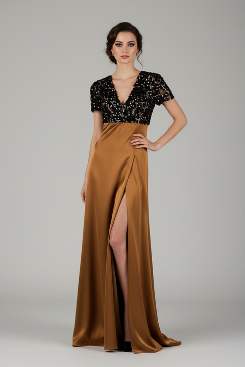 BURBERRY PRORSUM Pre-Fall 2013 Vestido largo de noche de seda color camel marrón Talla XS 