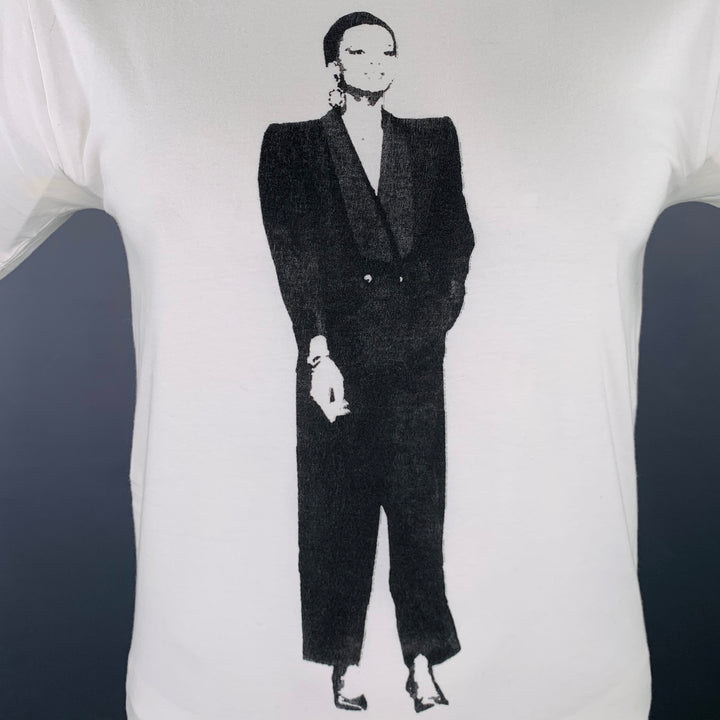 YVES SAINT LAURENT Rare Size L White Black Figures Cotton Short Sleeve T-shirt