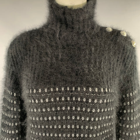 BALMAIN Size 6 Black Silver Angora Woven Pull On Sweater