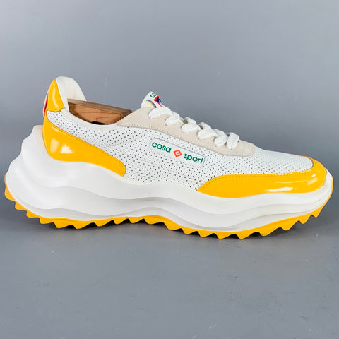 CASABLANCA Size 10.5 White Yellow Perforated Leather Lace-Up Color Block Sneakers