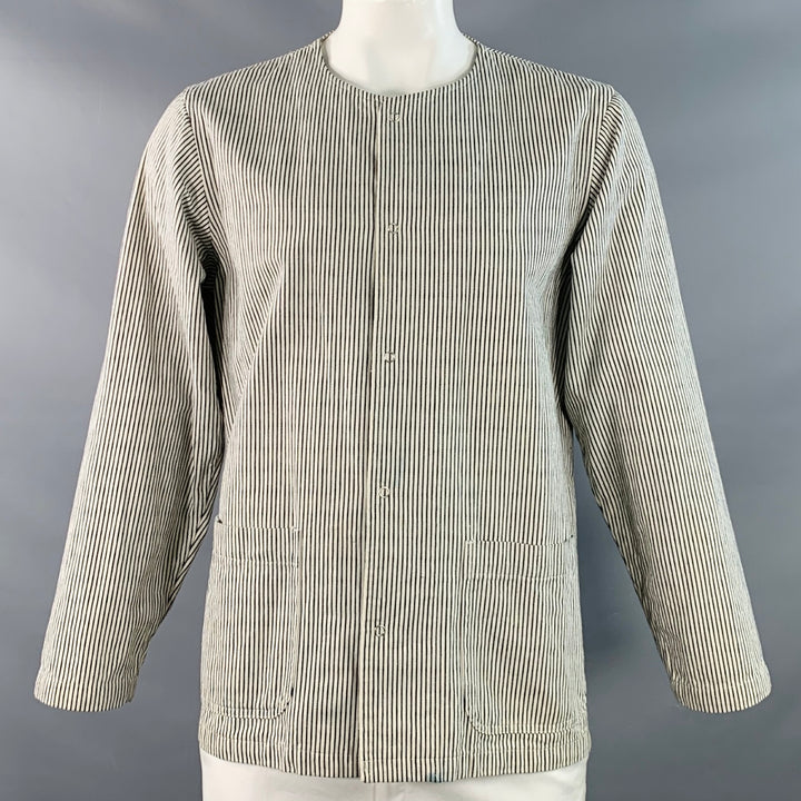 CHIMALA Size L White Black Stripe Cotton Two Pockets Collarless Jacket