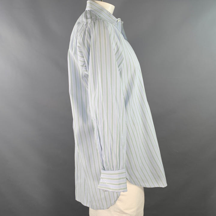 TURNBULL & ASSER Size L Blue Green Stripe Cotton French Cuff Long Sleeve Shirt