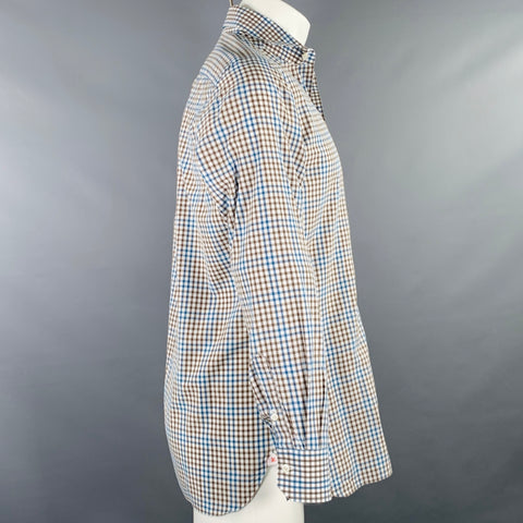 ISAIA Size M Brown White Blue Checkered Cotton Spread Collar Long Sleeve Shirt