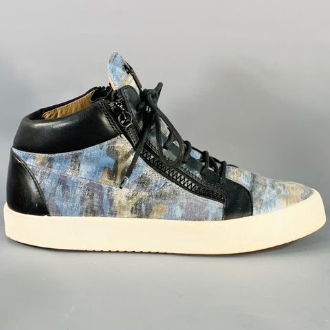 GIUSEPPE ZANOTTI Size 10 Black Blue Camo Canvas High Top Sneakers