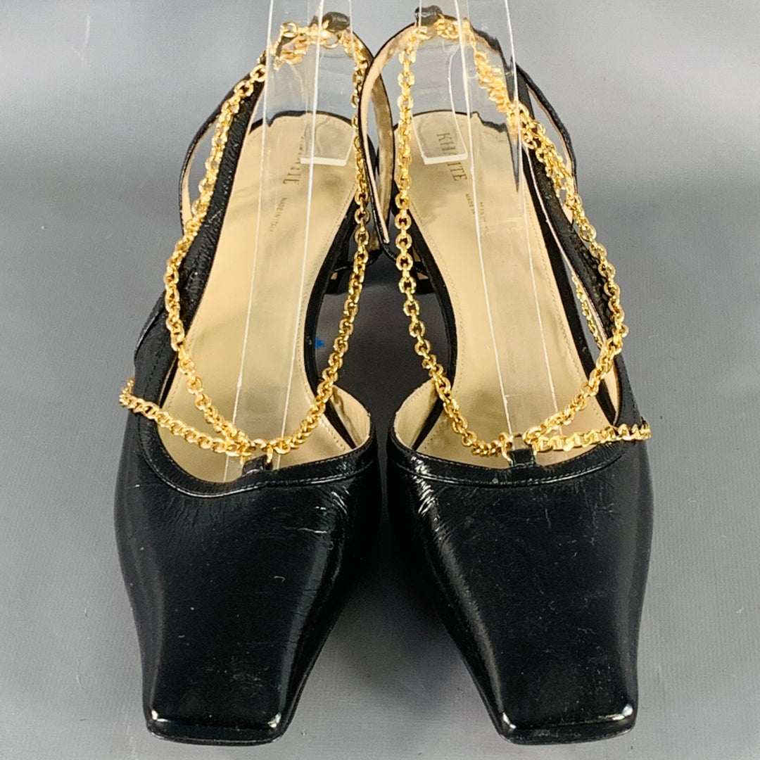 KHAITE Size 9.5 Marfa Black Gold Leather Crinkled Chain Slingback Pumps