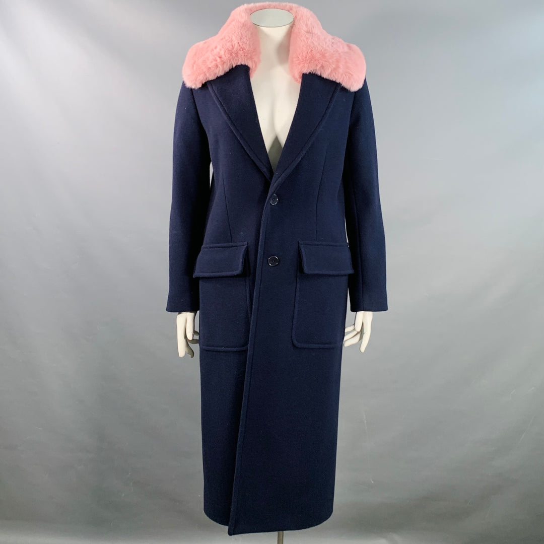 ZADIG & VOLTAIRE Size L Manon Navy Pink Wool Cashmere Blend Fur Collar Notch Lapel Coat