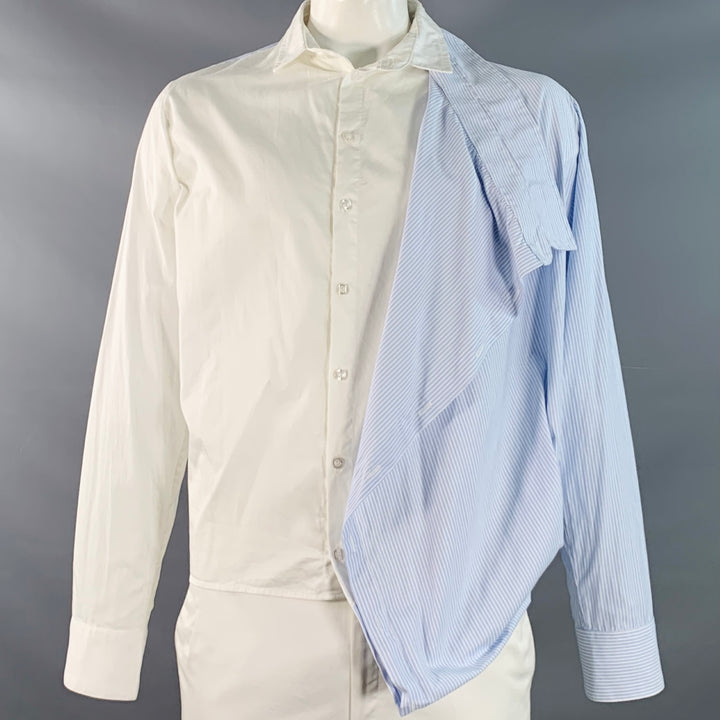 BOYFRIEND'S SHIRT Size L Blue White Stripe Cotton Asymmetrical Long Sleeve Shirt