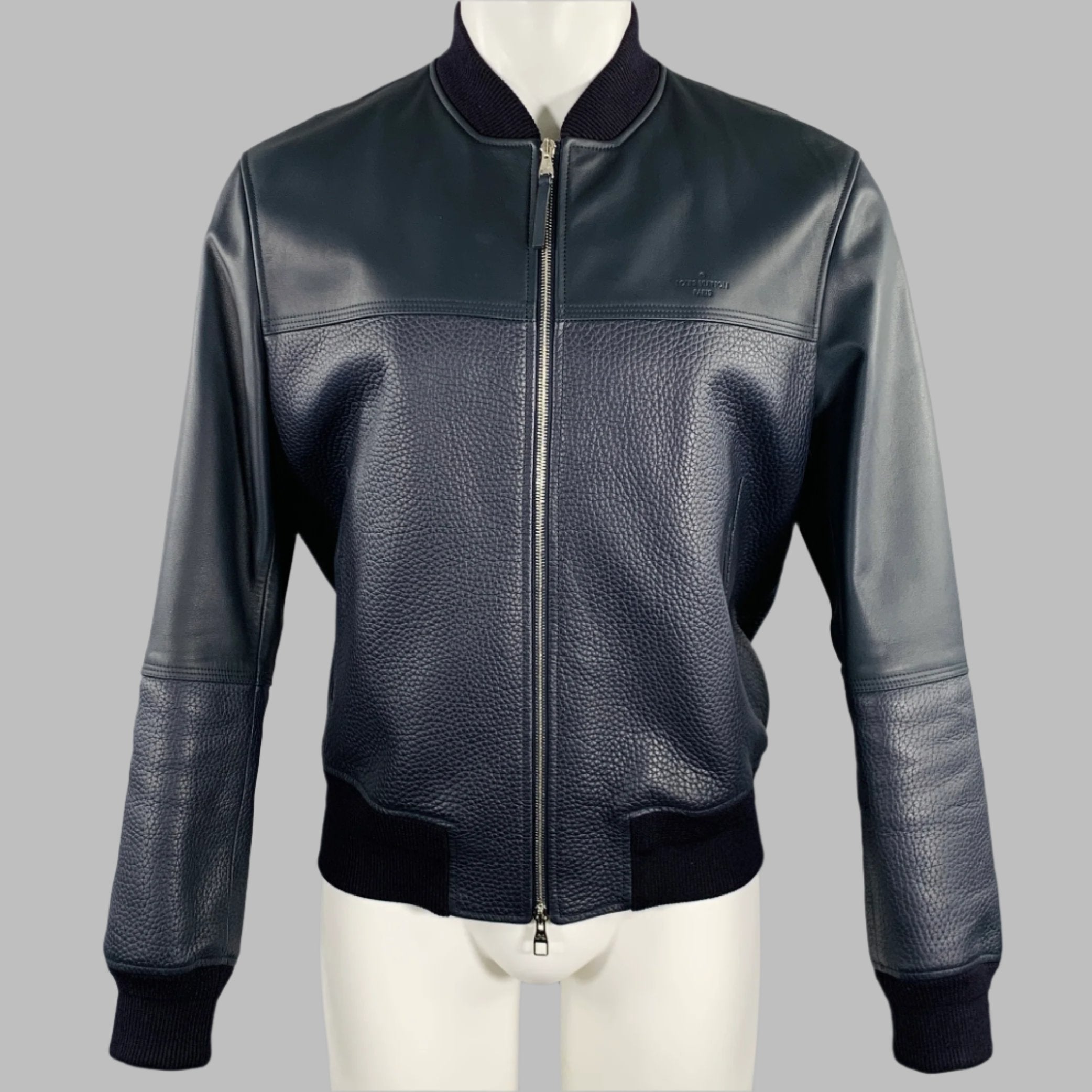 LOUIS VUITTON Size 40 Navy Textured Bull Leather Zip Up
