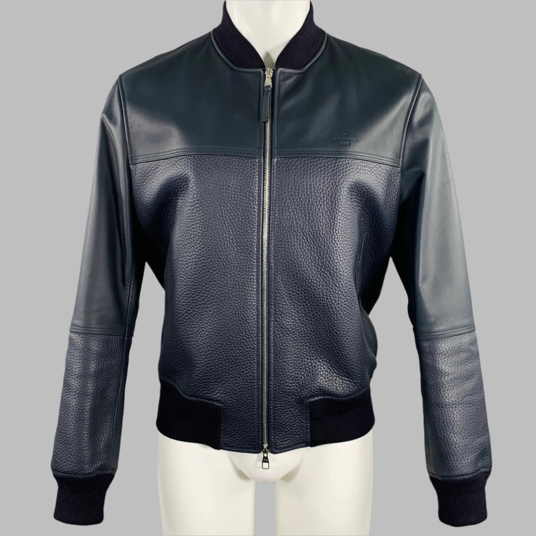 LOUIS VUITTON Size 40 Navy Textured Bull Leather Zip Up Blouson Jacket