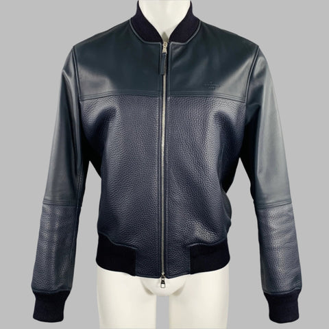 LOUIS VUITTON Size 40 Navy Textured Bull Leather Zip Up Blouson Jacket
