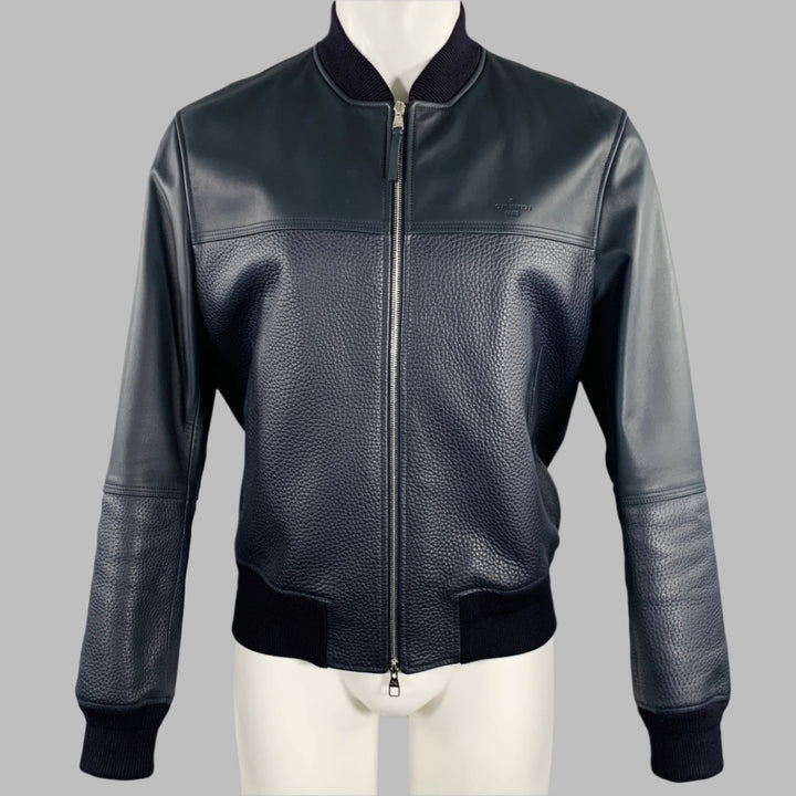 LOUIS VUITTON Size 40 Navy Textured Bull Leather Zip Up Blouson Jacket