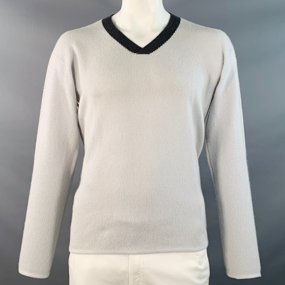 GIORGIO ARMANI Size XL Grey Contrast Trim Cashmere Silk V-Neck Sweater