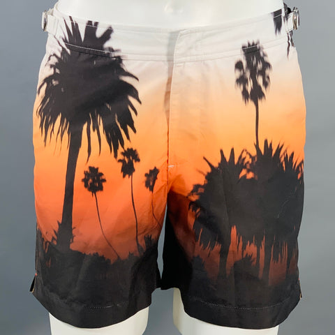 ORLEBAR BROWN Size M Bulldog White Black Orange Trees Polyester Buckle Swim Trunks