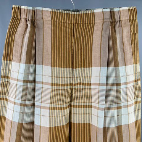 LEMAIRE Size 32 Brown Tan Plaid Cotton Linen Single Pleat Casual Pants