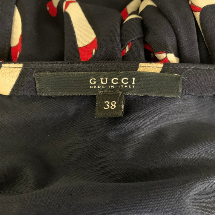 GUCCI Size 2 Navy Red Silk Riding Boots Wrap Knee-Length Dress
