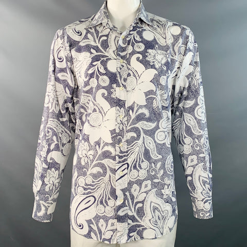 ETRO Size XXL White Slate Abstract Floral Cotton Long Sleeve Shirt