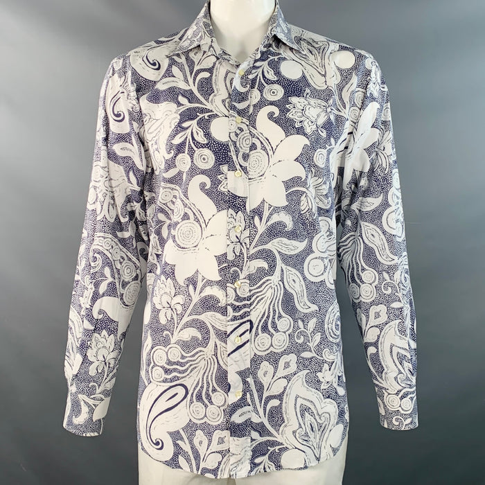 ETRO Size XXL White Slate Abstract Floral Cotton Long Sleeve Shirt