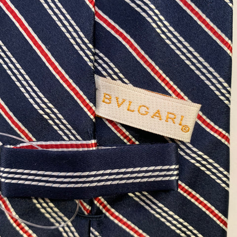 BVLGARI Navy Red Diagonal Stripe Silk Tie