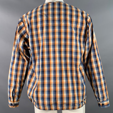 MONITALY Size M Blue Orange Plaid Cotton Collarless 1/4 Zip Pullover