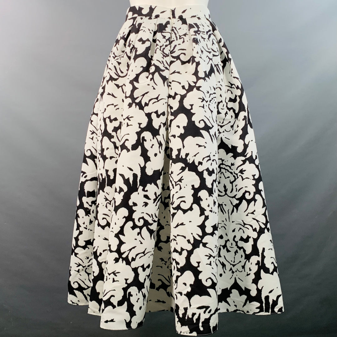 ALEXANDER MCQUEEN Size 8 White Black Taffeta Abstract Pleated Midi Skirt