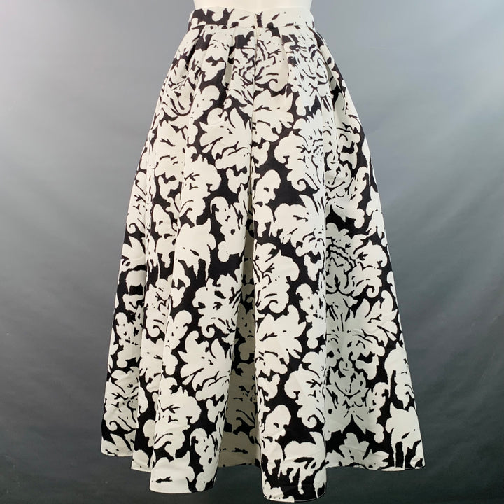 ALEXANDER MCQUEEN Size 8 White Black Taffeta Abstract Pleated Midi Skirt