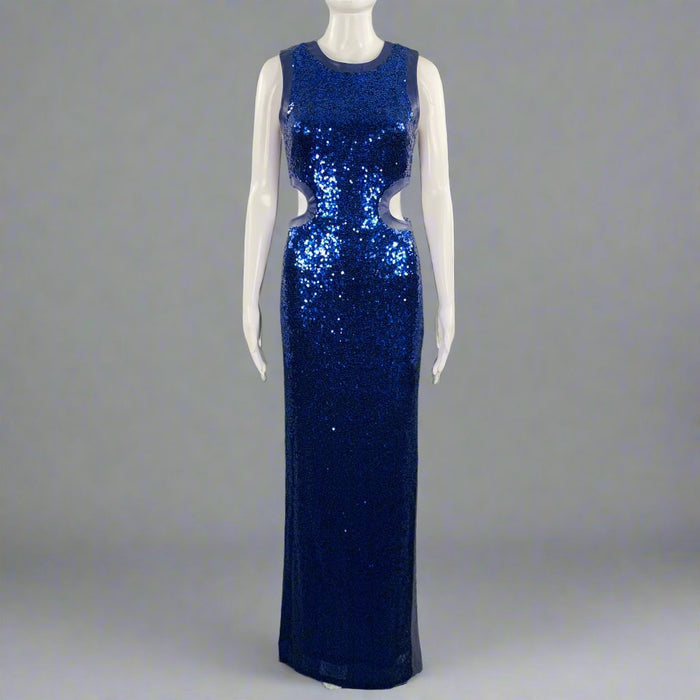 Robe longue STAUD taille S, mélange de polyester bleu, ornée de sequins et découpes