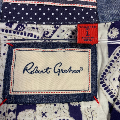 ROBERT GRAHAM Size L Cream Navy Embroidery Cotton Western Long Sleeve Shirt