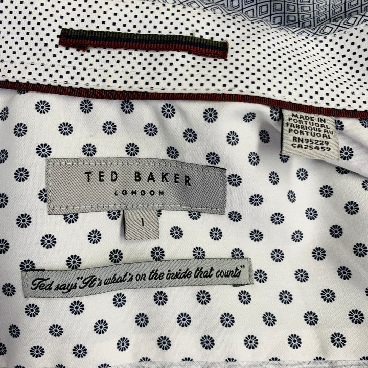 TED BAKER Size XS Donald White Navy Geometric Cotton One Pocket Short Sleeve Shirt