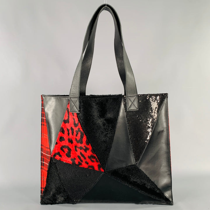 JUNYA WATANABE Black Red Mixed Materials Faux Fur Tote Handbag