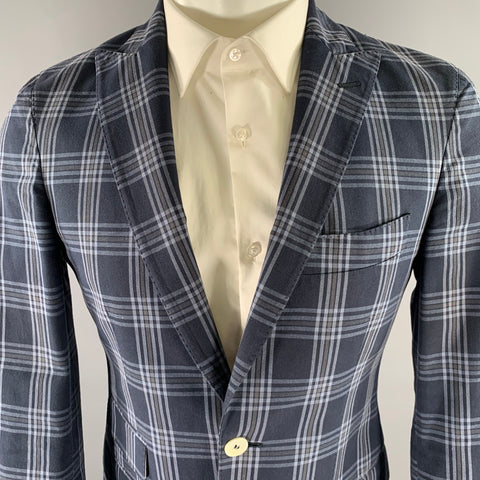 MICHAEL BASTIAN Size 36 Navy Blue Plaid Cotton Peak Lapel Sport Coat