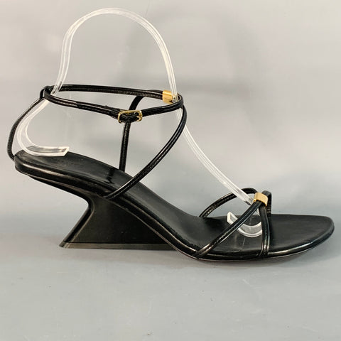 KHAITE Size 9.5 Seneca Black Gold Leather Straps Wedge Sandals