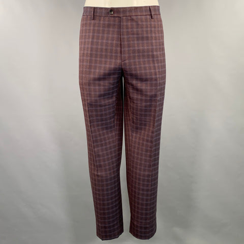 ETRO Size 48 Burgundy Black Gold Plaid Wool Notch Lapel Suit