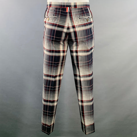 THOM BROWNE Size 42 Navy White Red Plaid Wool Mohair Silk Suit