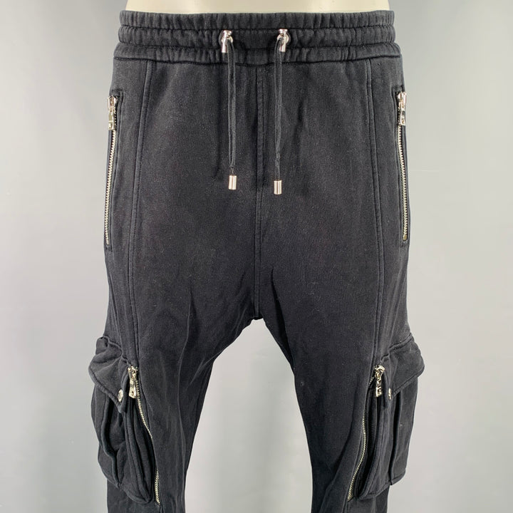 BALMAIN Size XL Black Cargo Zip Pockets Casual Pants