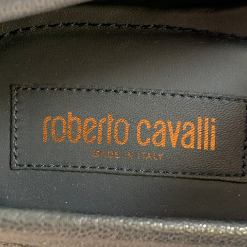 ROBERTO CAVALLI Size 11.5 Navy Silver Logo Embroidery Leather Drivers Loafers
