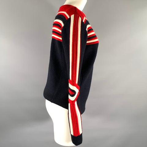 MAJE Size S Navy Red Wool Blend Stripe Crew-Neck Sweater