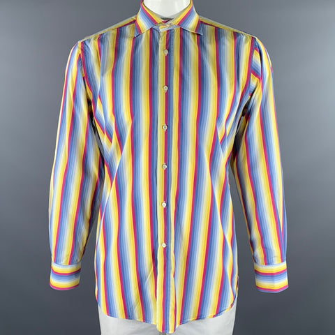 ETRO Size XL Blue Purple Yellow Stripe Cotton Pointed Collar Long Sleeve Shirt