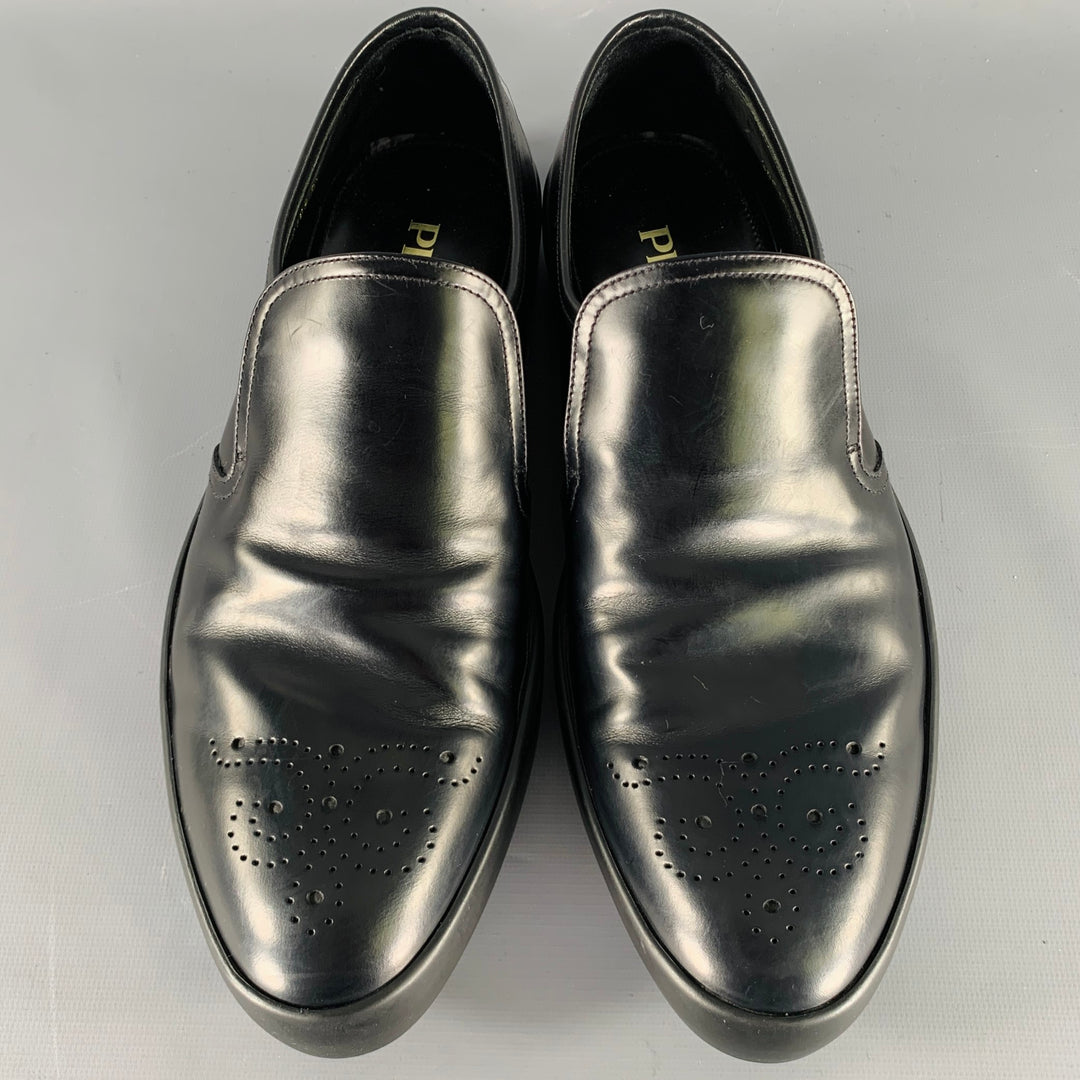 PRADA Size 9.5 Black Perforated Leather Slip On Loafers 