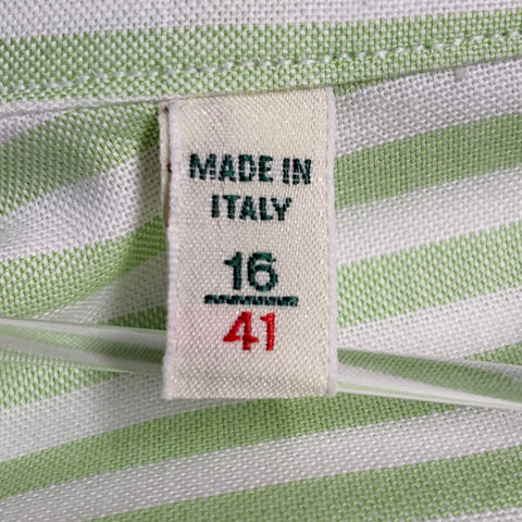 LUIGI BORRELLI Size M Green White Stripe Cotton Curved Cutaway Long Sleeve Shirt