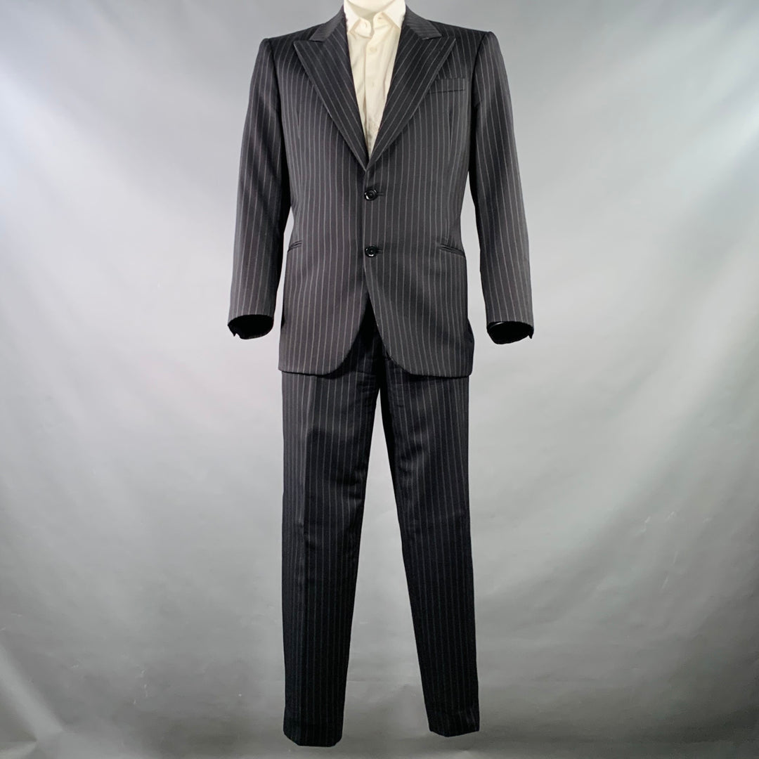 ARMANI COLLEZIONI Size 44 Long Black White Pinstripe Wool Peak Lapel Suit
